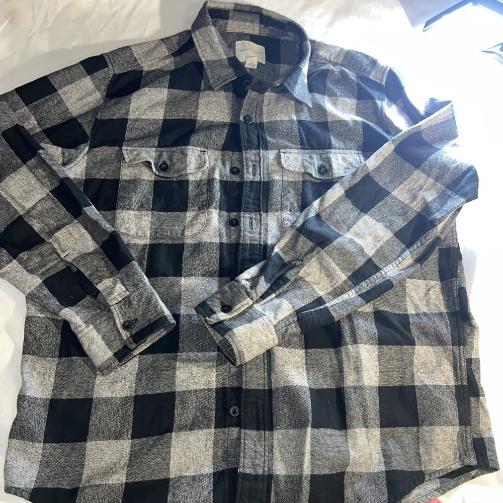 American Eagle unisex large Long-Sleeve Flannel Plaid Shirt black / grey‎ 149